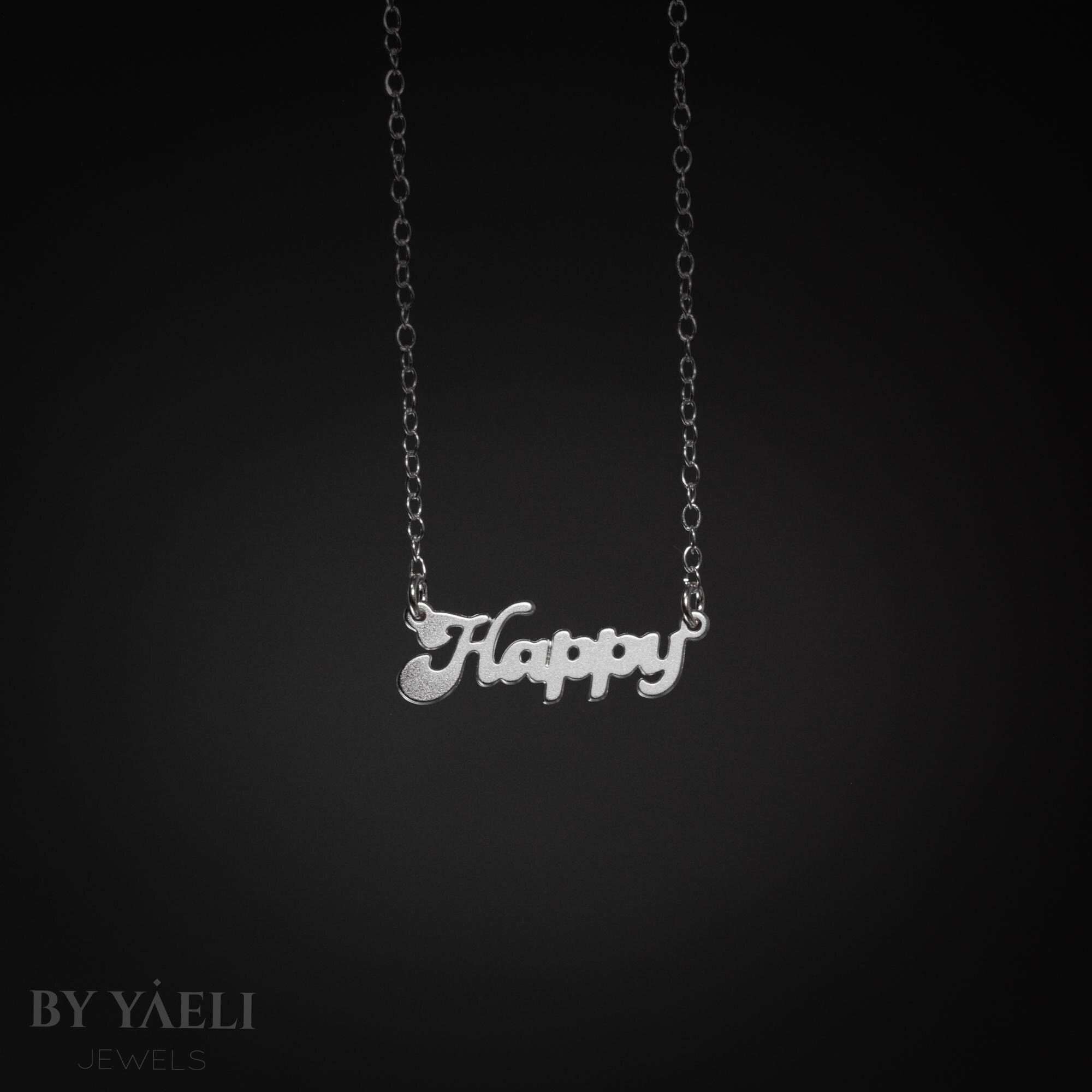 Happy necklace silver script necklace Happy word necklace gift for her