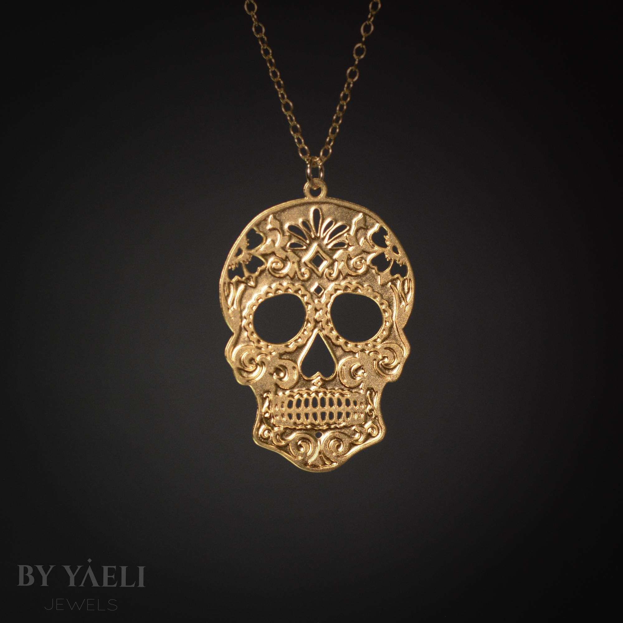Sugar skull necklace day of the dead necklace gold skull pendant Gothic jewelry
