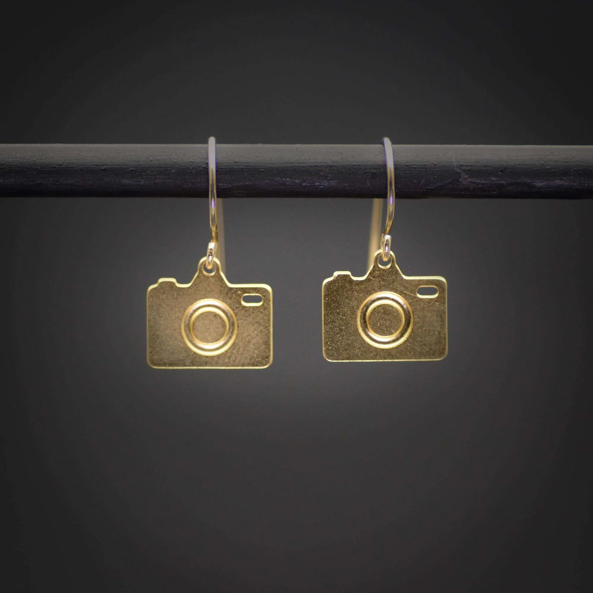 Camera earrings tiny gold camera dangle earrings