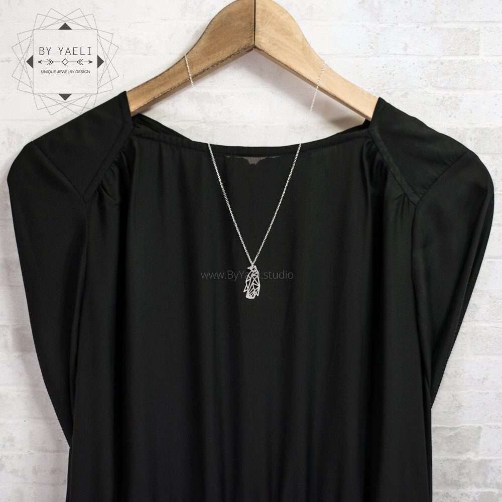 Penguin necklace,  silver geometric origami penguin pendant.