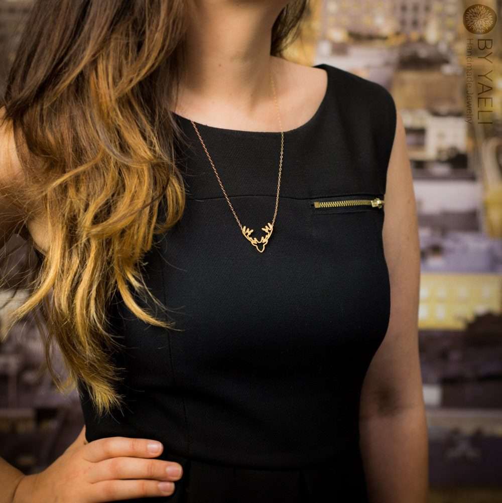 Deer necklace gold deer antler necklace gold deer pendant deer charm