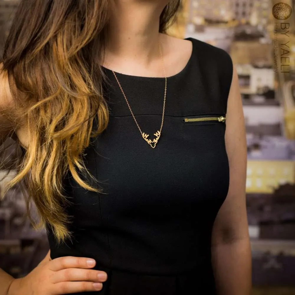 Deer necklace gold deer antler necklace gold deer pendant deer charm