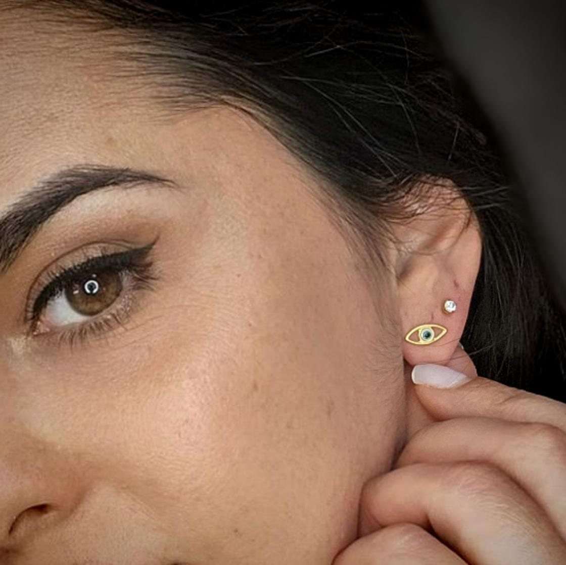 Evil eye stud earrings gold dangle adorned with resin earrings , protection jewelry