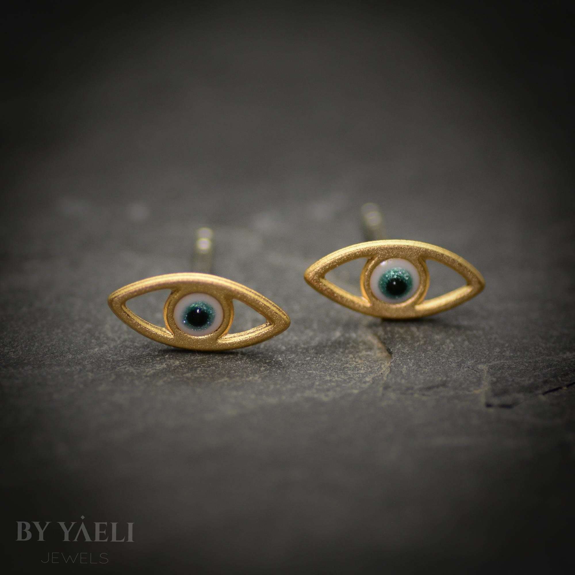 Evil eye stud earrings gold dangle adorned with resin earrings , protection jewelry