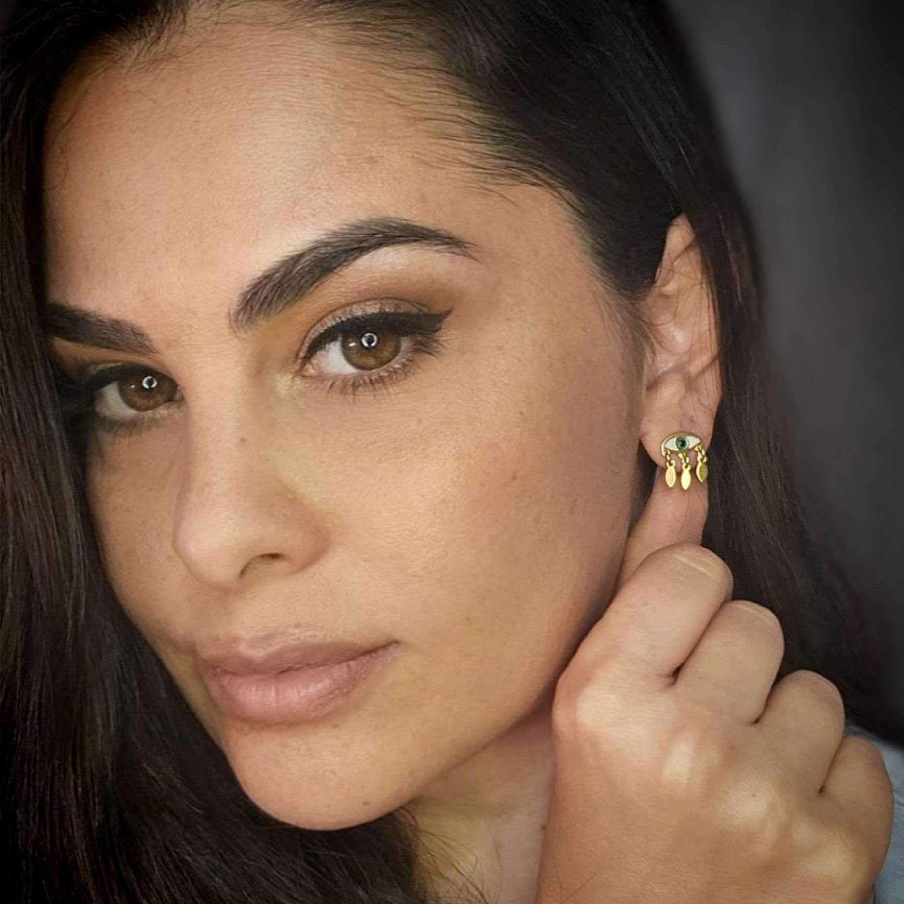 Evil eye stud earrings gold dangle adorned with resin earrings , protection jewelry