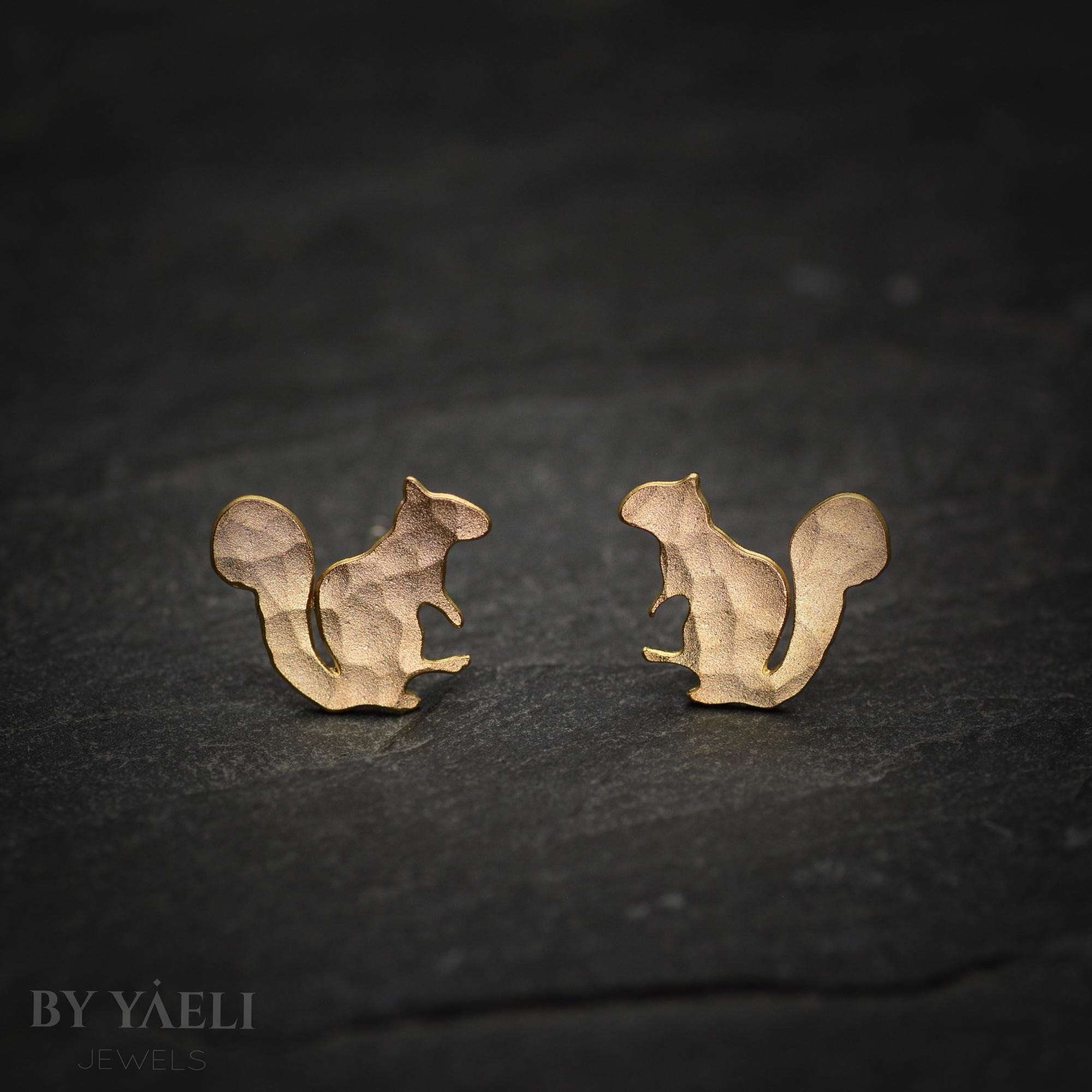 Squirrel earrings, gold tiny squirrel stud earrings
