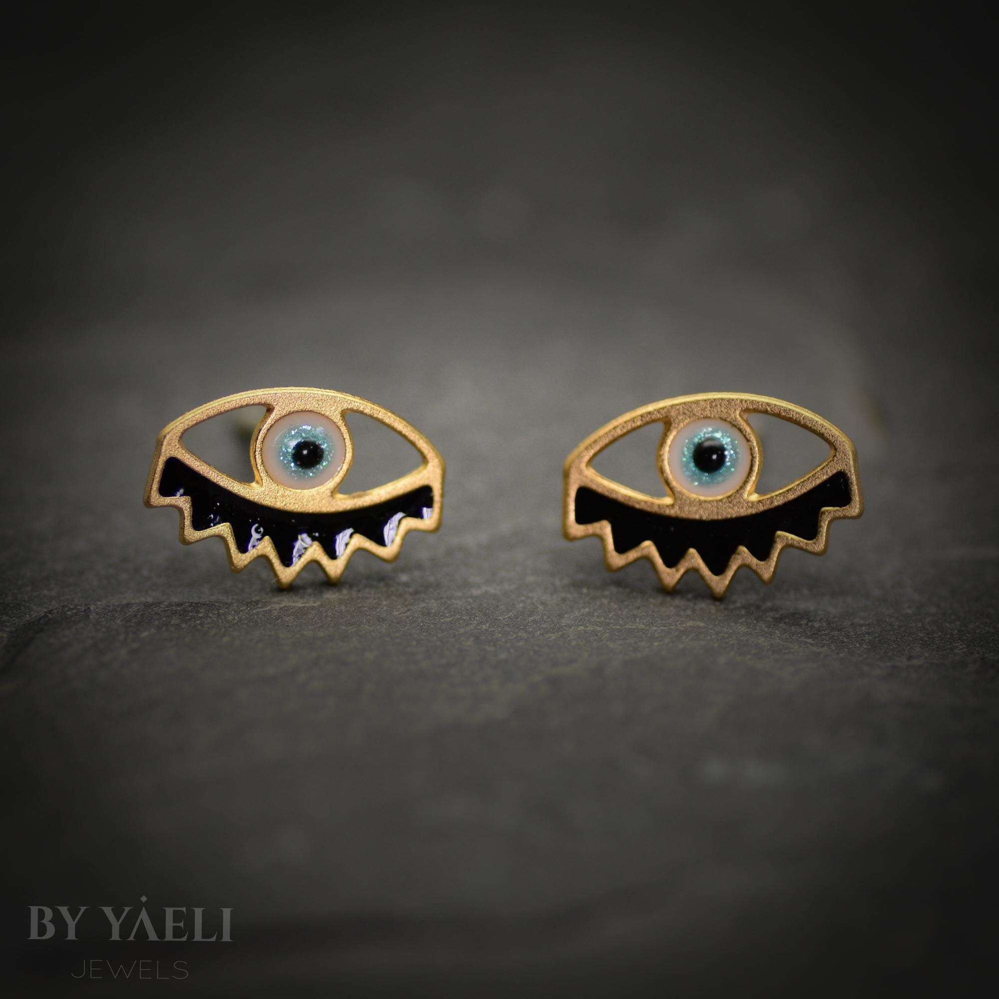 Evil eye stud earrings gold dangle adorned with resin earrings , protection jewelry