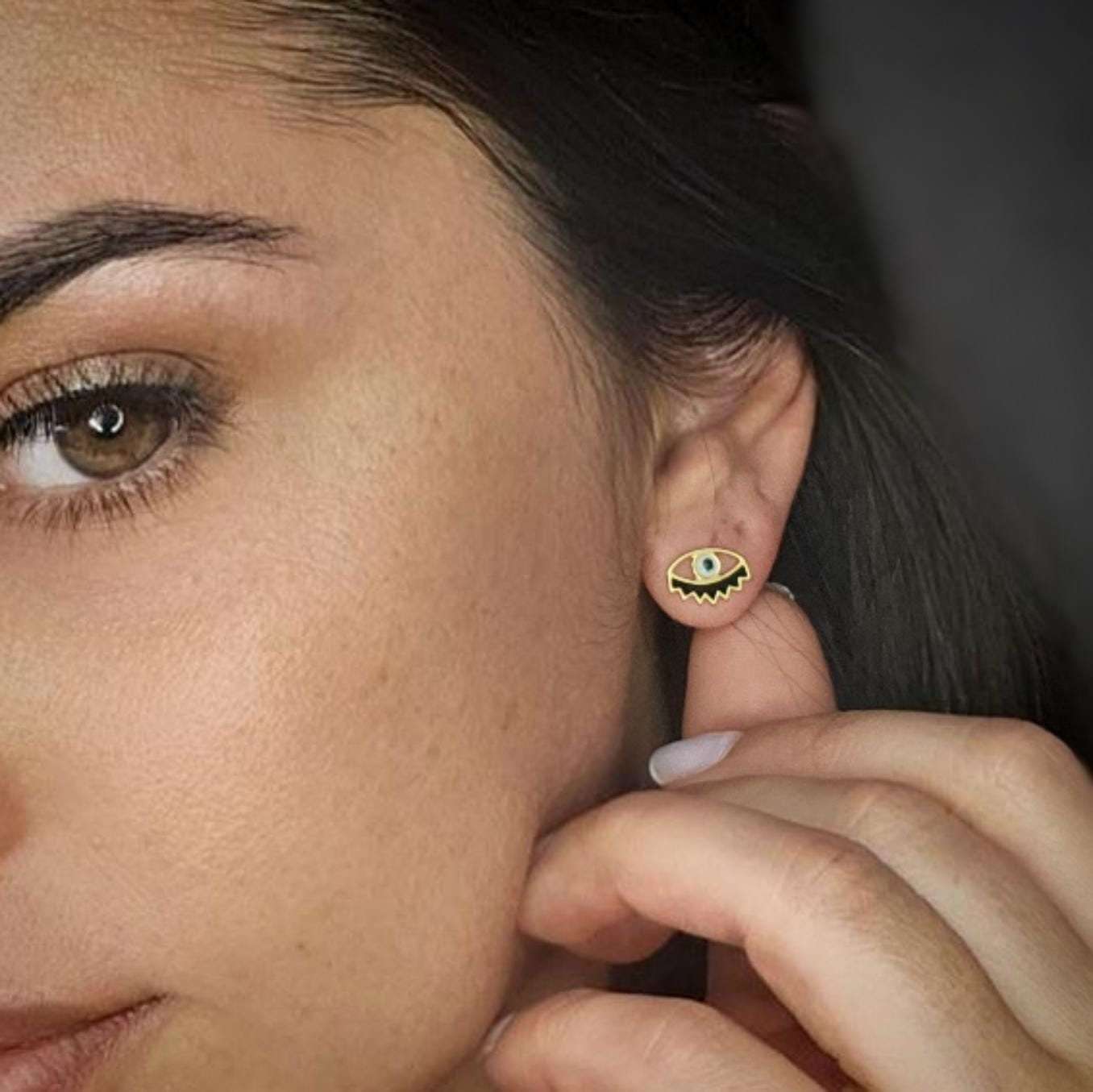 Evil eye stud earrings gold dangle adorned with resin earrings , protection jewelry