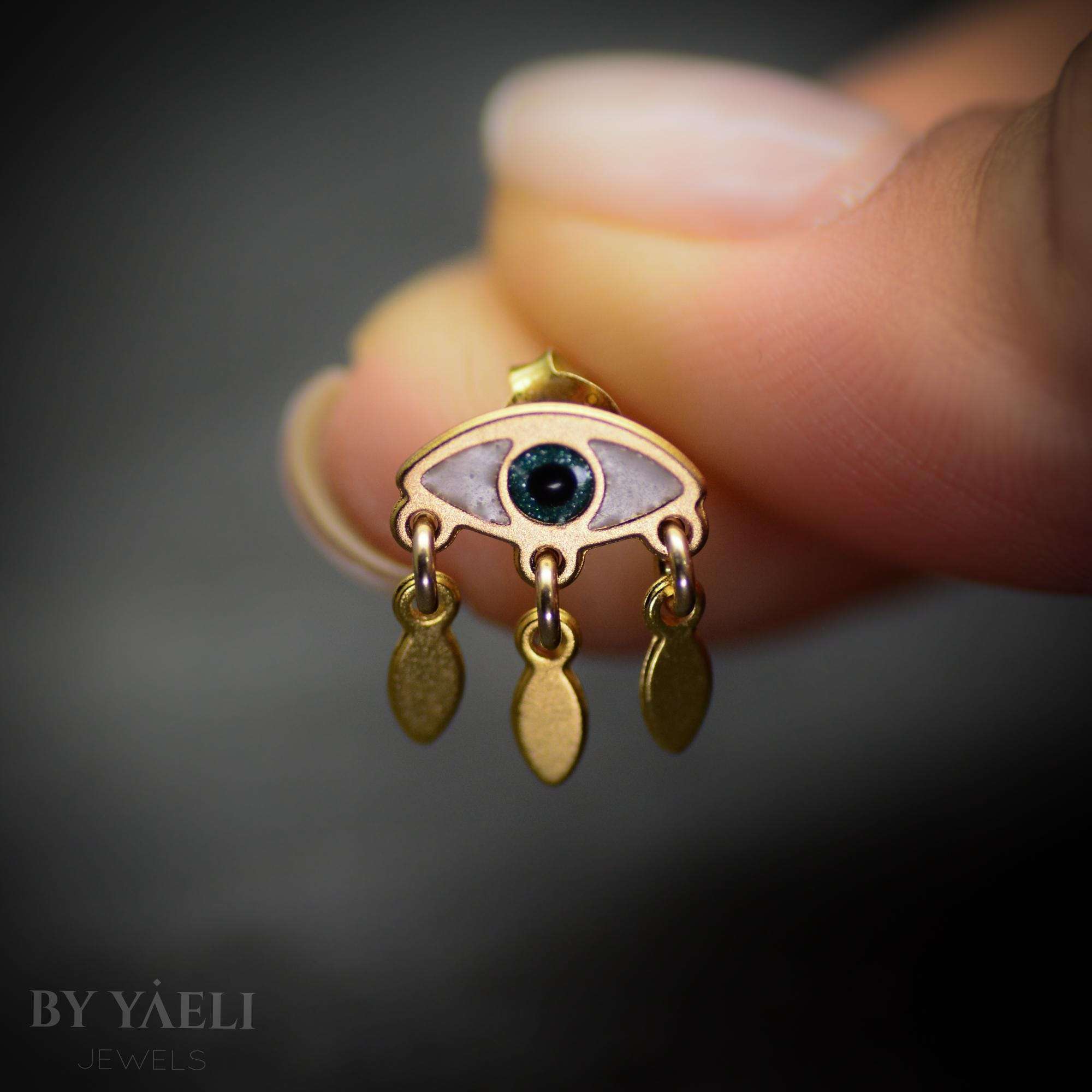 Evil eye stud earrings gold dangle adorned with resin earrings , protection jewelry