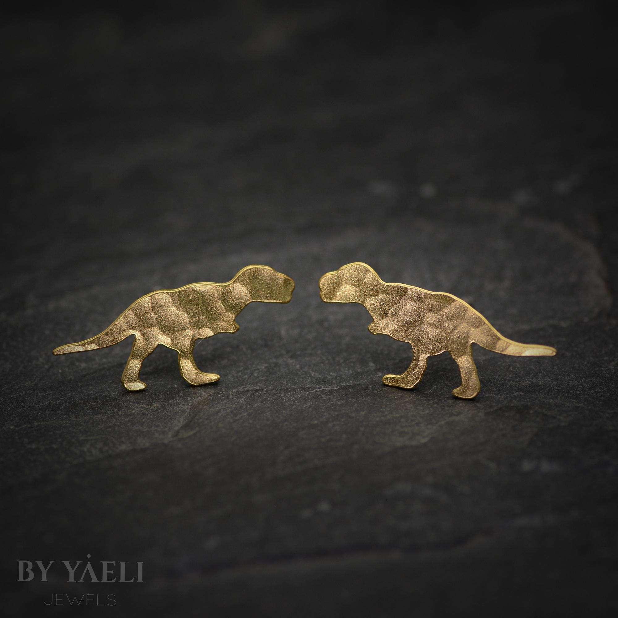 T-rex earrings, gold dinosaur stud earrings