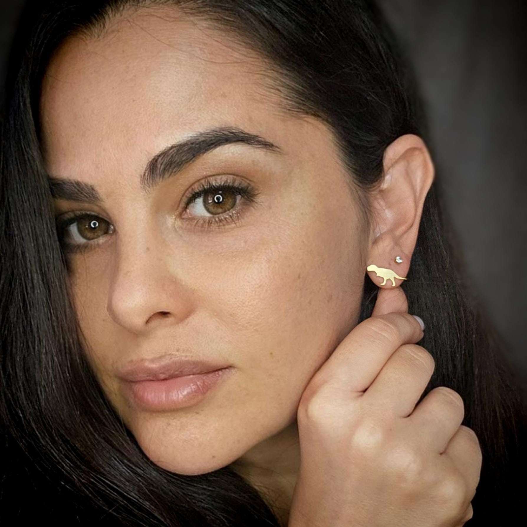 T-rex earrings, gold dinosaur stud earrings